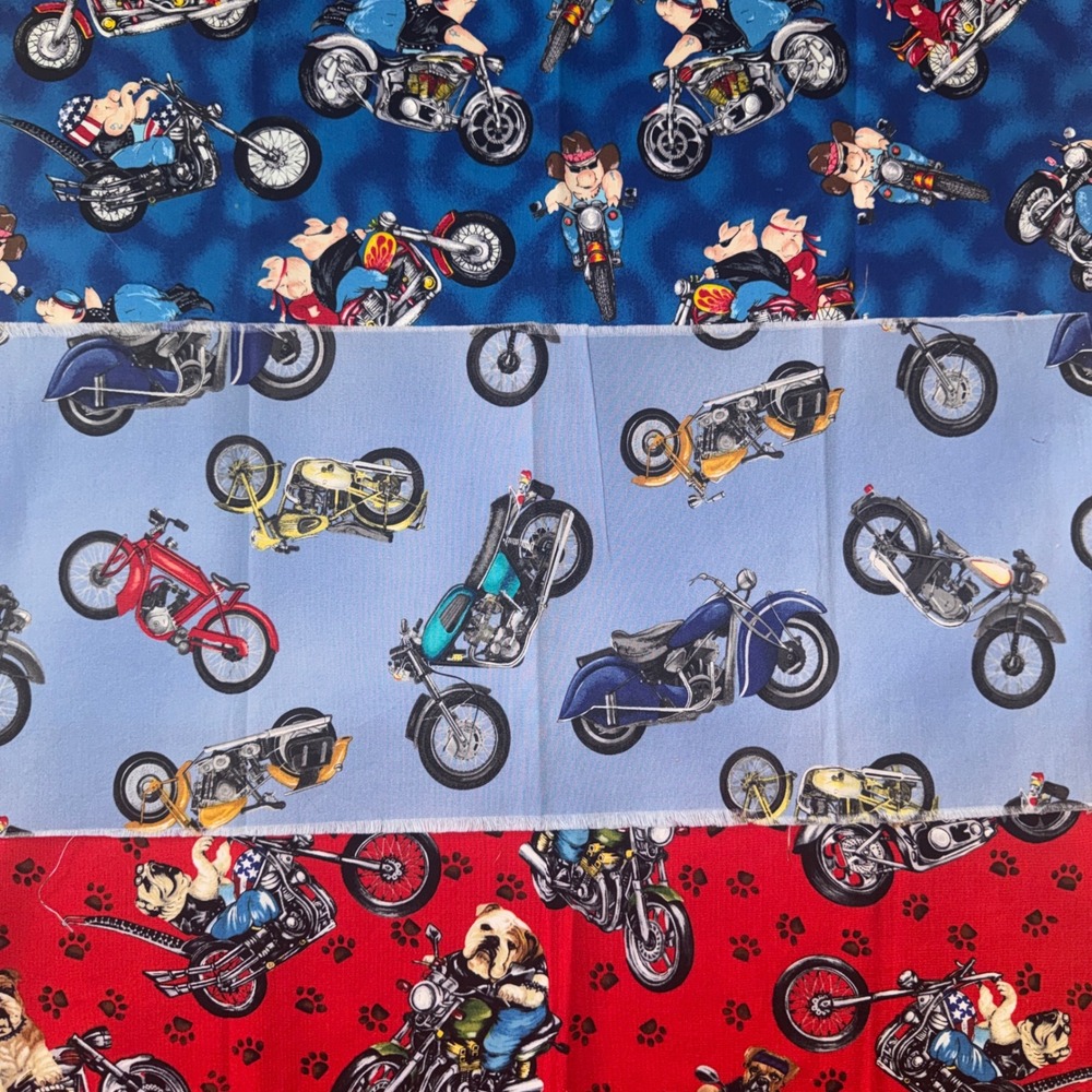 Novelty Motorcycle Biker Animals & Geometric Cotton Fabric Remnants Lot 6pc